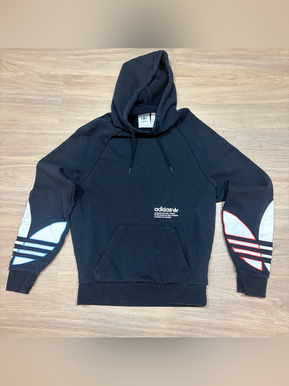Adidas Originals Tricolor Trefoil Hoodie BlK 100%Cotton Red+Blue Asymmetrical XS